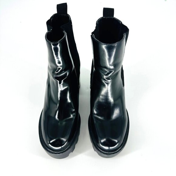 Zara Womens Black Glossy Leather Chunky Heel Chelsea Ankle Boots Size 36 EU - Picture 4 of 11